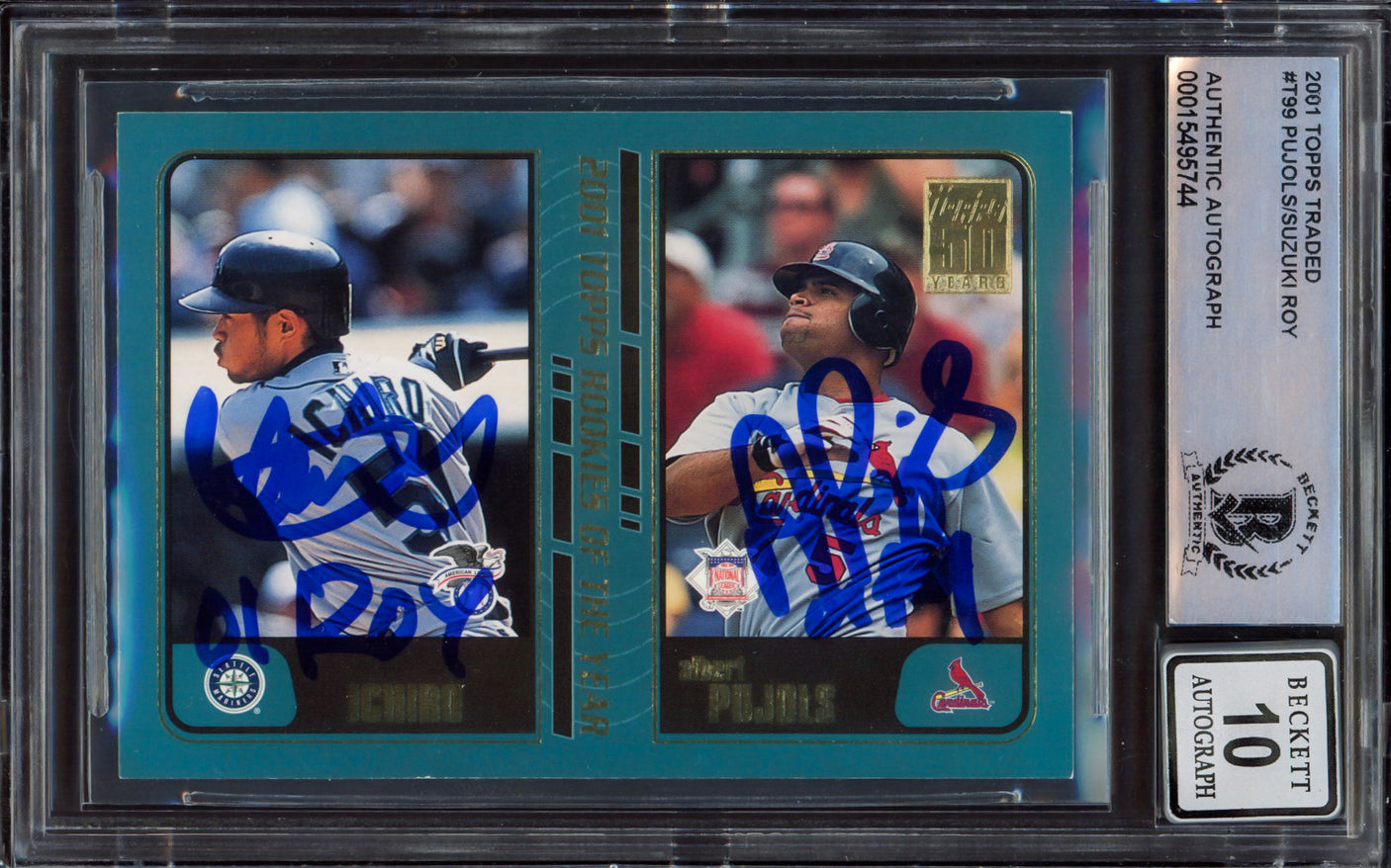 Albert Pujols & Ichiro Suzuki Autographed 2001 Topps Traded Rookie Card #T99 Auto Grade Gem Mint 10 "01 ROY " Beckett BAS #15495744