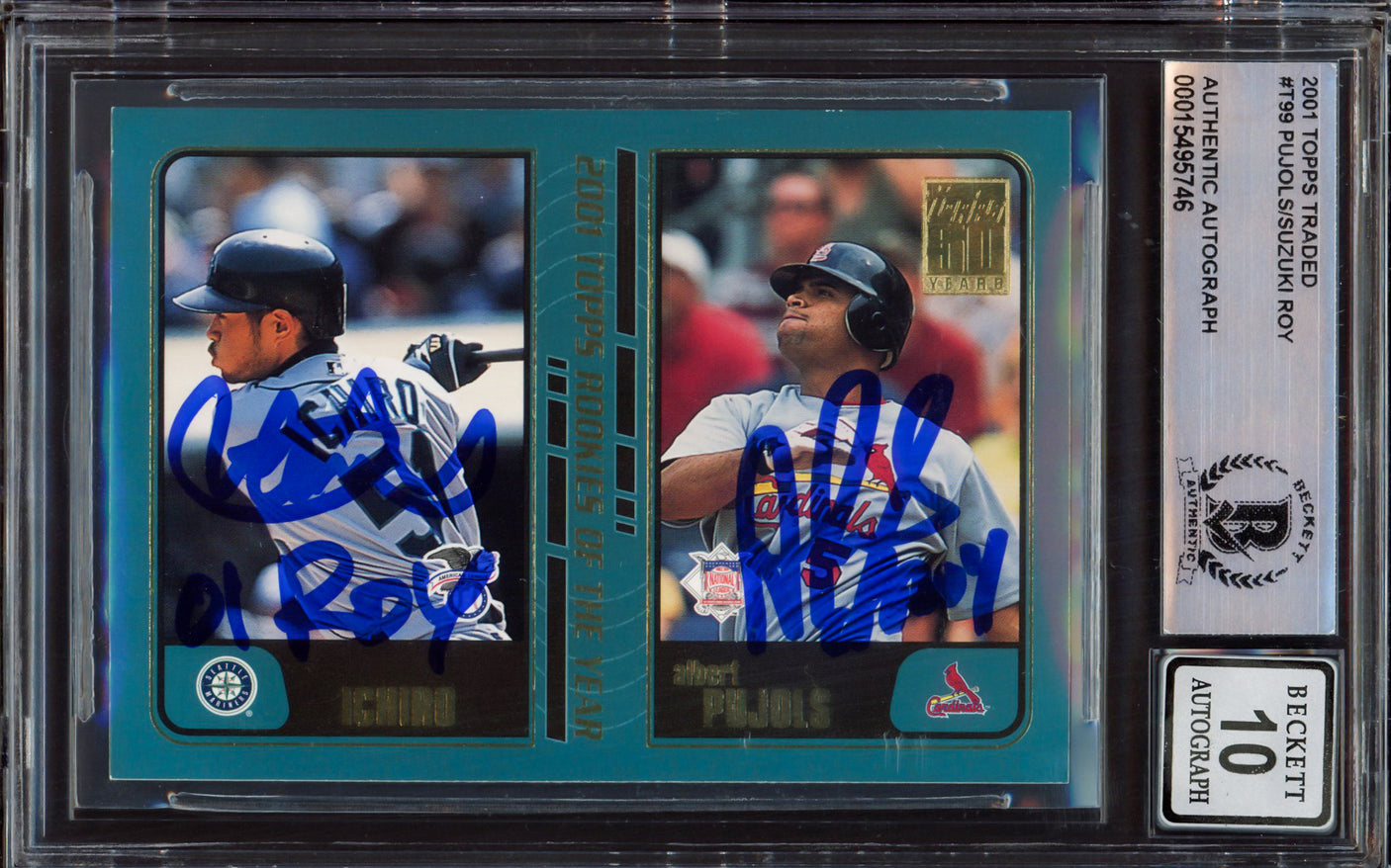 Albert Pujols & Ichiro Suzuki Autographed 2001 Topps Traded Rookie Card #T99 Auto Grade Gem Mint 10 "01 ROY " Beckett BAS #15495746