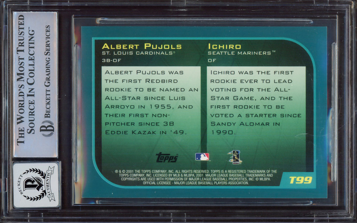 Albert Pujols & Ichiro Suzuki Autographed 2001 Topps Traded Rookie Card #T99 Auto Grade Gem Mint 10 "01 ROY " Beckett BAS #15495747