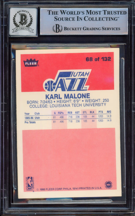 Karl Malone Autographed 1986-87 Fleer Rookie Card #68 Utah Jazz Auto Grade Gem Mint 10 Beckett BAS #15496643