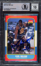 Karl Malone Autographed 1986-87 Fleer Rookie Card #68 Utah Jazz Auto Grade Gem Mint 10 Beckett BAS #15496653