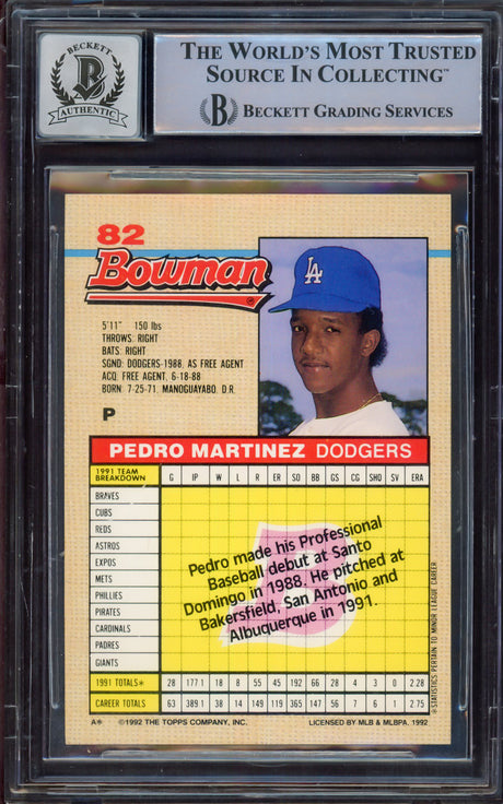 Pedro Martinez Autographed 1992 Bowman Rookie Card #82 Los Angeles Dodgers Auto Grade Gem Mint 10 Beckett BAS #15496795