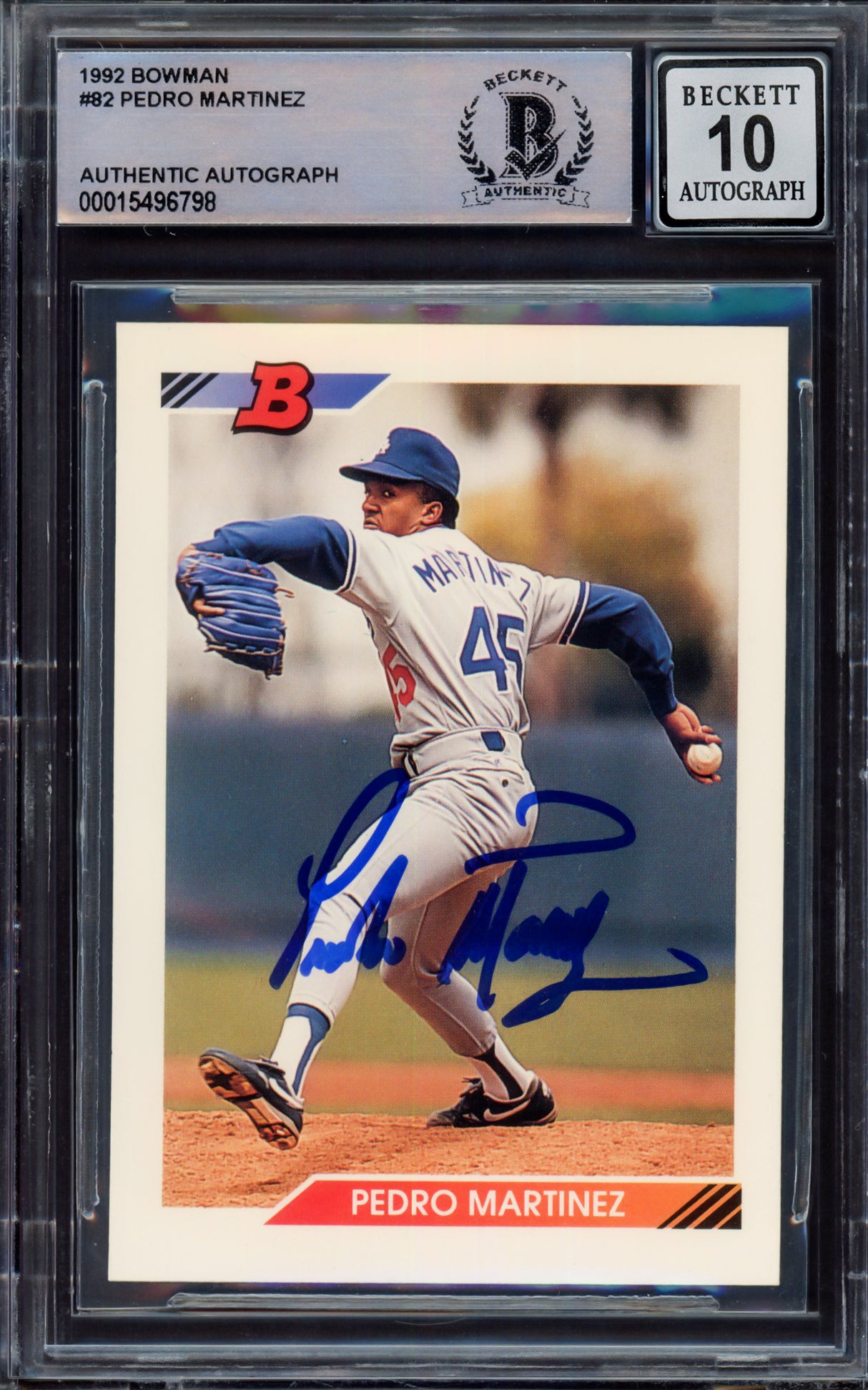Pedro Martinez Autographed 1992 Bowman Rookie Card #82 Los Angeles Dodgers Auto Grade Gem Mint 10 Beckett BAS #15496798