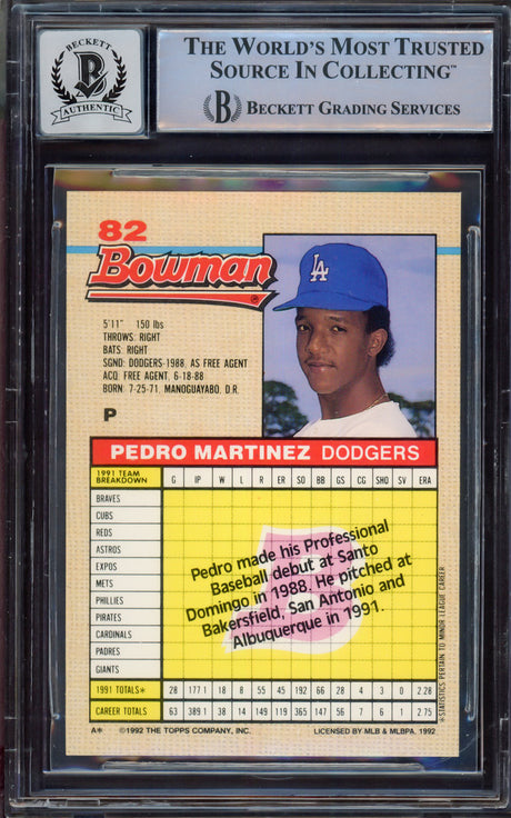 Pedro Martinez Autographed 1992 Bowman Rookie Card #82 Los Angeles Dodgers Auto Grade Gem Mint 10 Beckett BAS #15496798