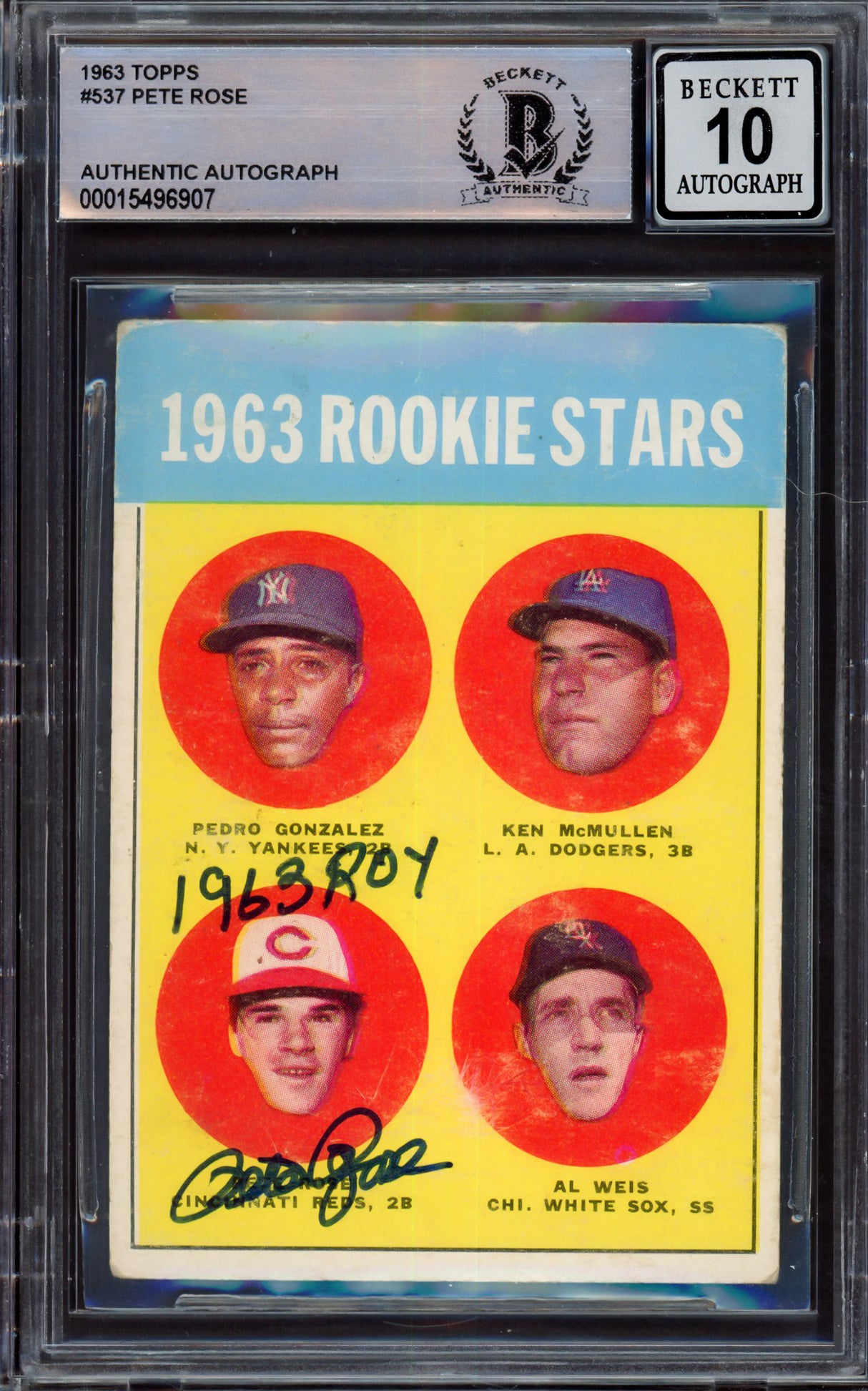 Pete Rose Autographed 1963 Topps Rookie Card #537 Cincinnati Reds Auto Grade Gem Mint 10 "1963 ROY" Beckett BAS #15496907