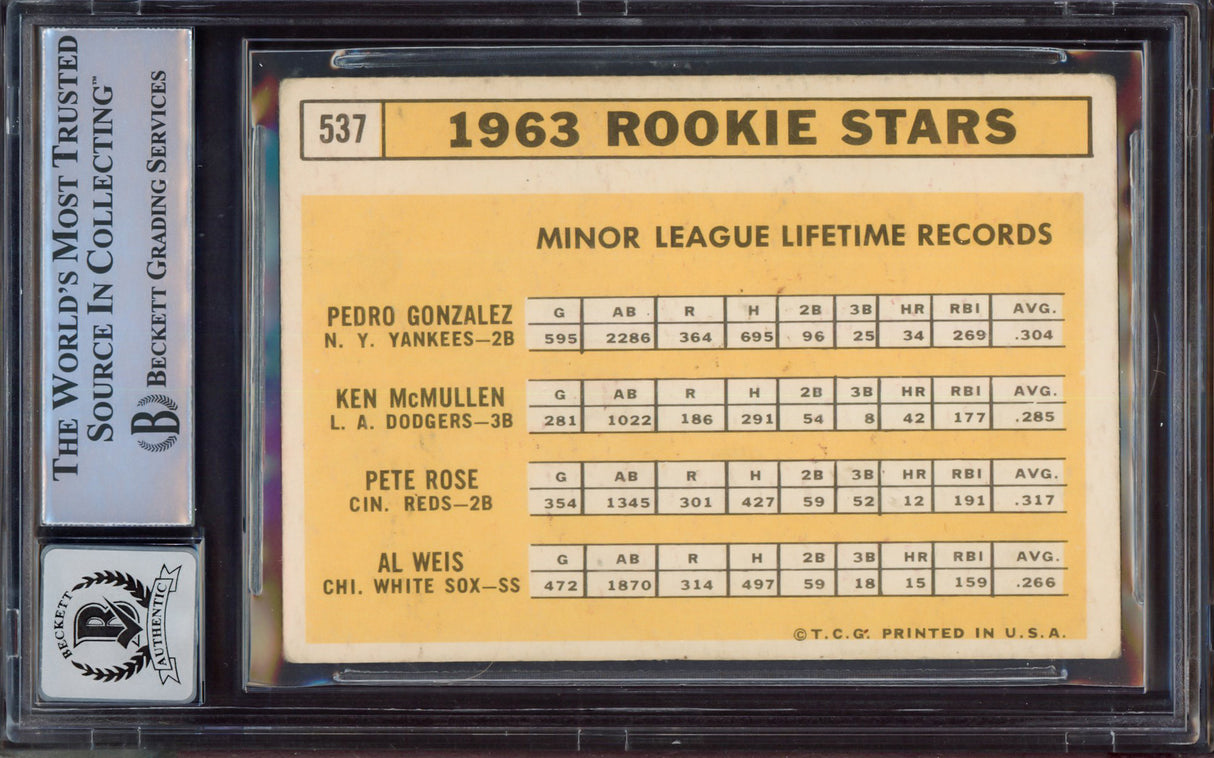 Pete Rose Autographed 1963 Topps Rookie Card #537 Cincinnati Reds Auto Grade Gem Mint 10 "1963 ROY" Beckett BAS #15496907