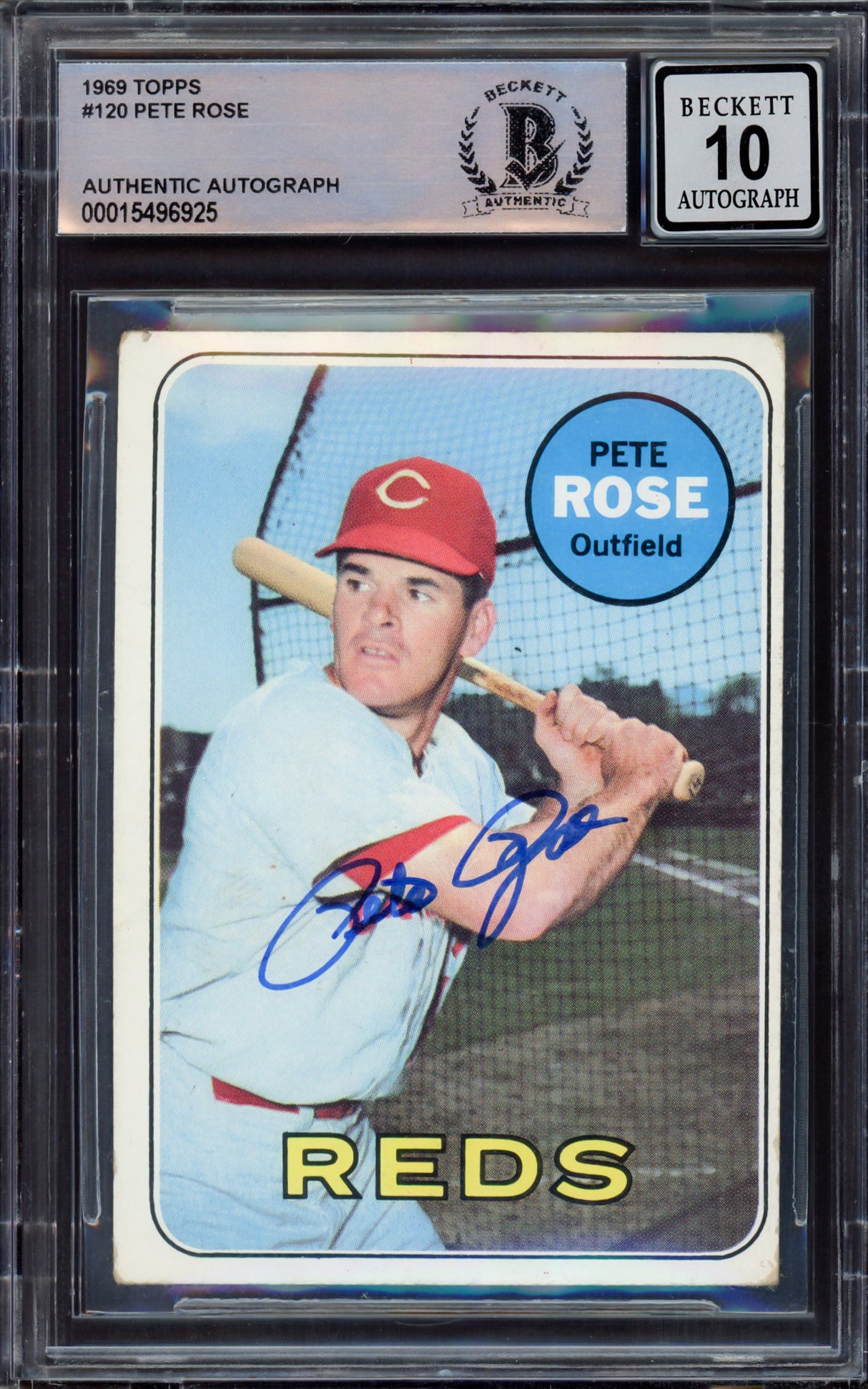 Pete Rose Autographed 1969 Topps Card #120 Cincinnati Reds Auto Grade Gem Mint 10 Beckett BAS #15496925