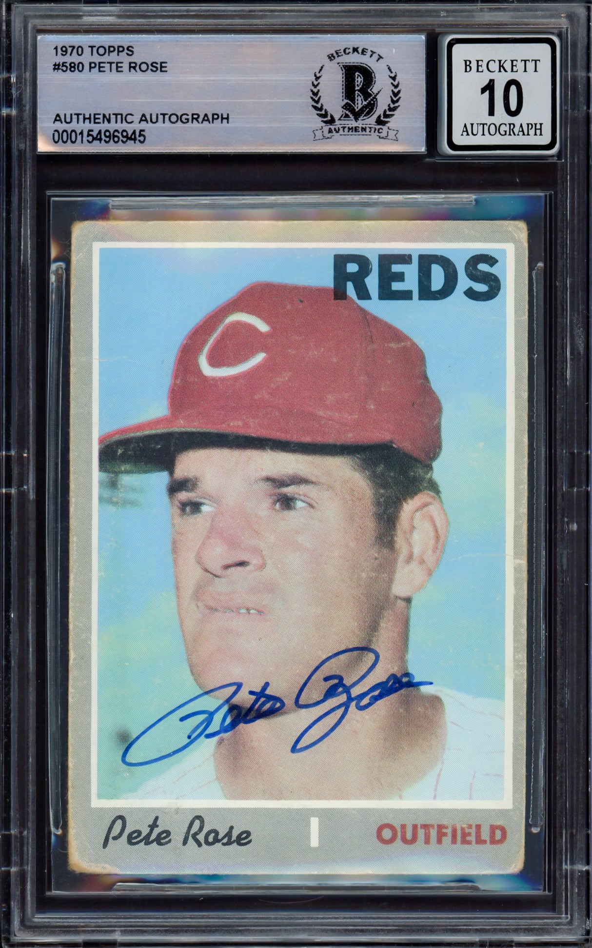 Pete Rose Autographed 1970 Topps Card #580 Cincinnati Reds Auto Grade Gem Mint 10 Beckett BAS #15496945