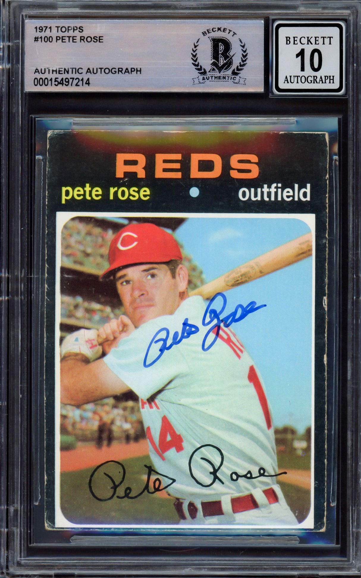 Pete Rose Autographed 1971 Topps Card #100 Cincinnati Reds Auto Grade Gem Mint 10 Beckett BAS #15497214