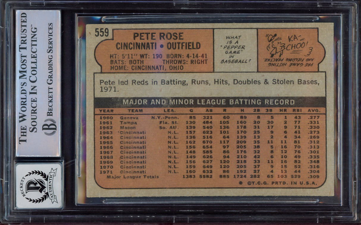 Pete Rose Autographed 1972 Topps Card #559 Cincinnati Reds Auto Grade Gem Mint 10 Beckett BAS #15497228