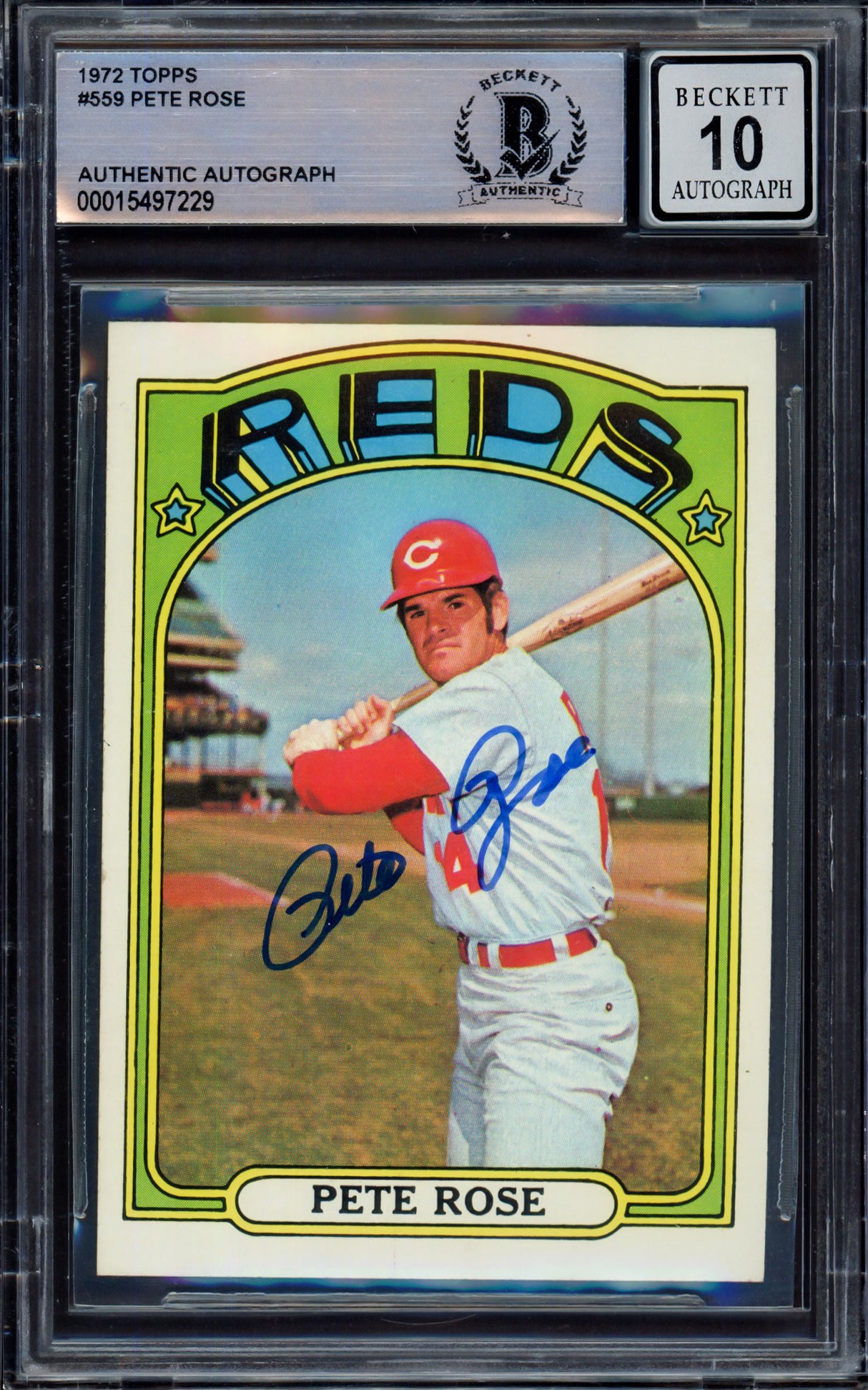 Pete Rose Autographed 1972 Topps Card #559 Cincinnati Reds Auto Grade Gem Mint 10 Beckett BAS #15497229