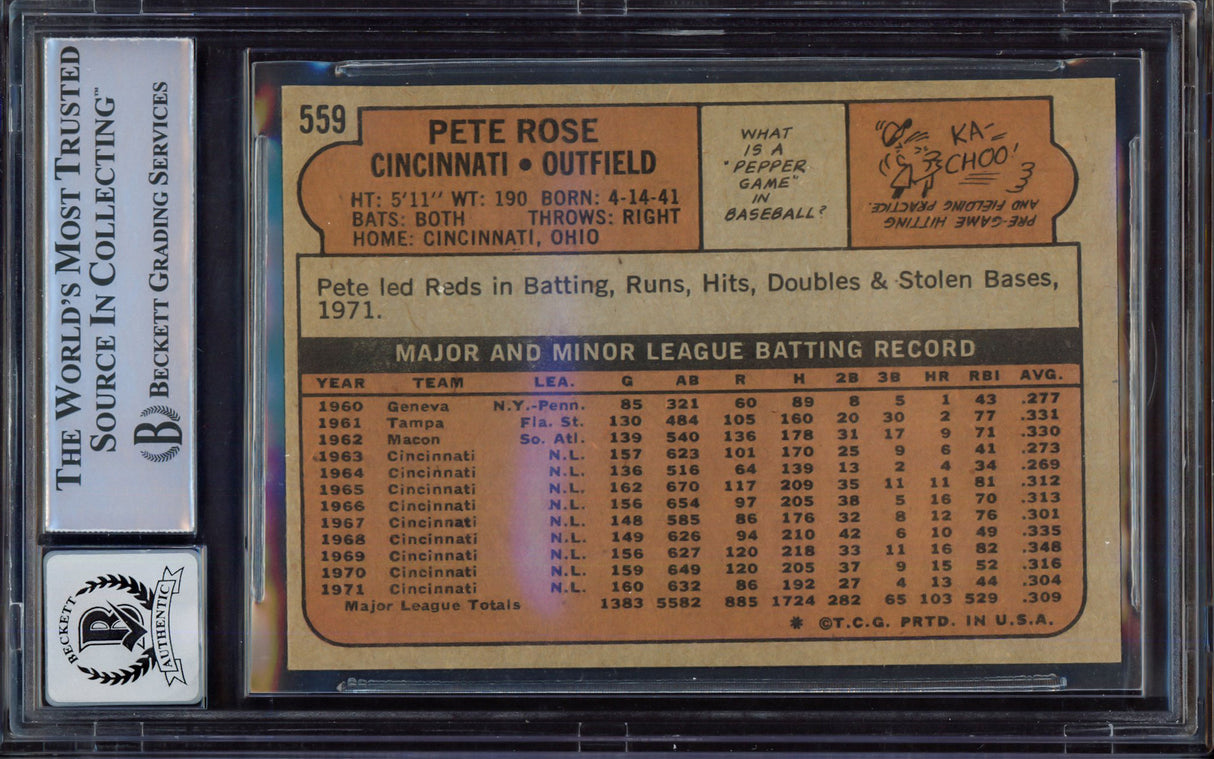 Pete Rose Autographed 1972 Topps Card #559 Cincinnati Reds Auto Grade Gem Mint 10 Beckett BAS #15497229