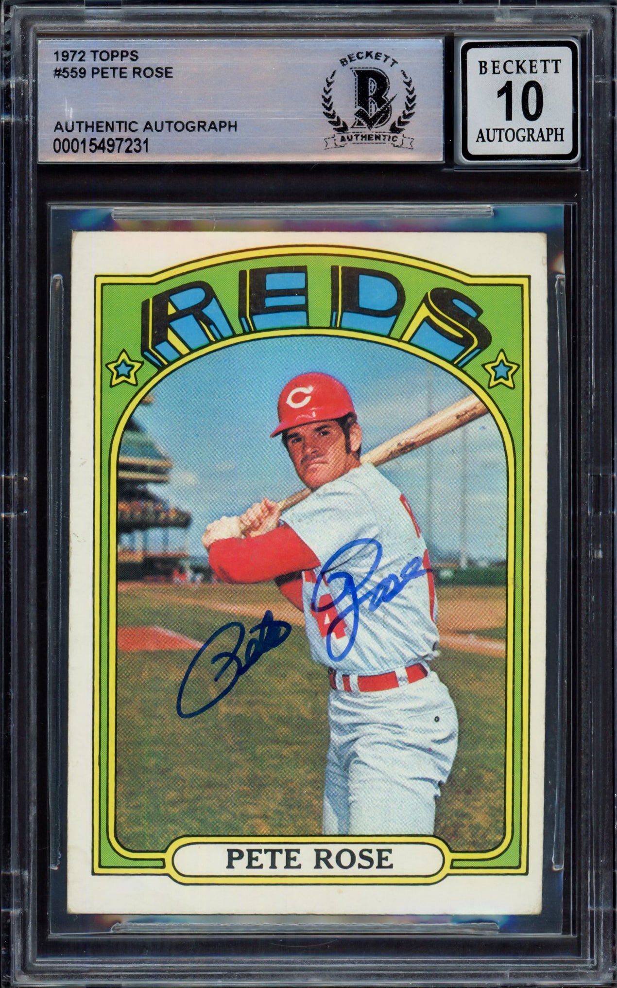 Pete Rose Autographed 1972 Topps Card #559 Cincinnati Reds Auto Grade Gem Mint 10 Beckett BAS #15497231