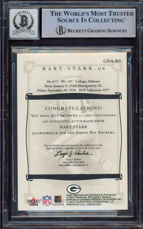 Bart Starr Autographed 2004 Fleer Greats of the Game Autograph Card #GBA-BS Green Bay Packers Auto Grade Gem Mint 10 Beckett BAS #15497590