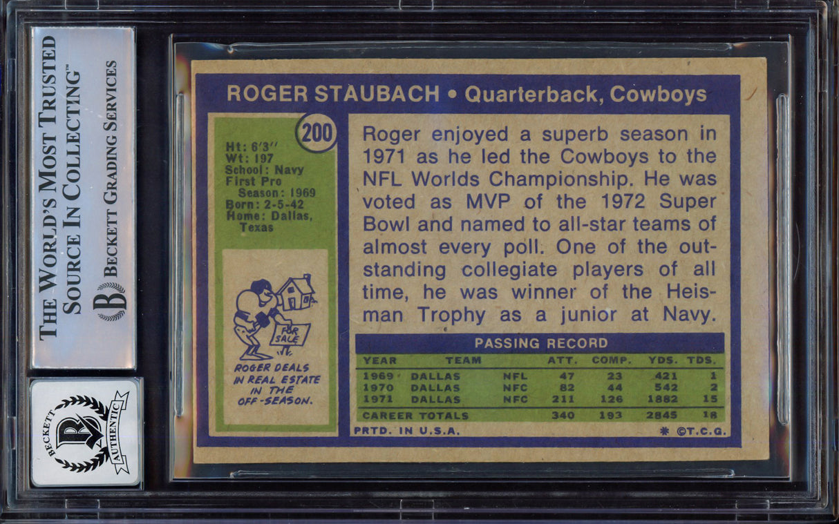 Roger Staubach Autographed 1972 Topps Rookie Card #200 Dallas Cowboys Auto Grade Gem Mint 10 Beckett BAS #15497606