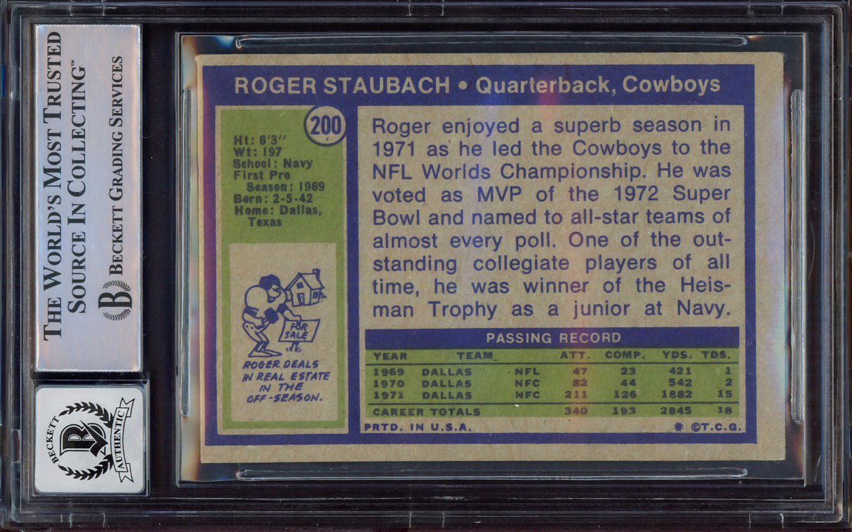 Roger Staubach Autographed 1972 Topps Rookie Card #200 Dallas Cowboys Auto Grade Gem Mint 10 Beckett BAS #15497613