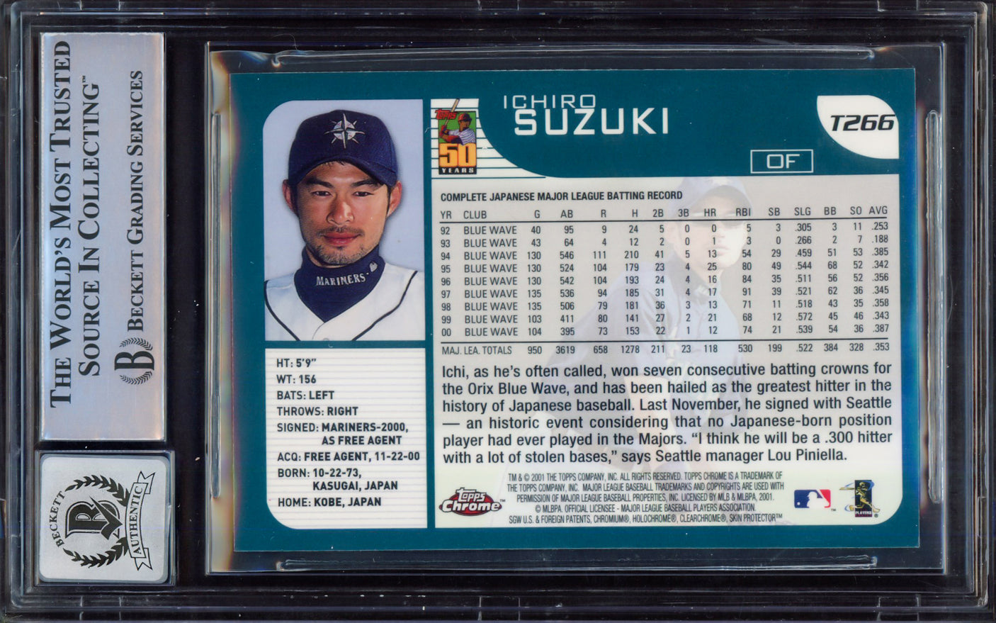 Ichiro Suzuki Autographed 2001 Topps Chrome Traded Rookie Card #T266 Seattle Mariners Auto Grade Gem Mint 10 "01 ROY/MVP" Beckett BAS #15497798