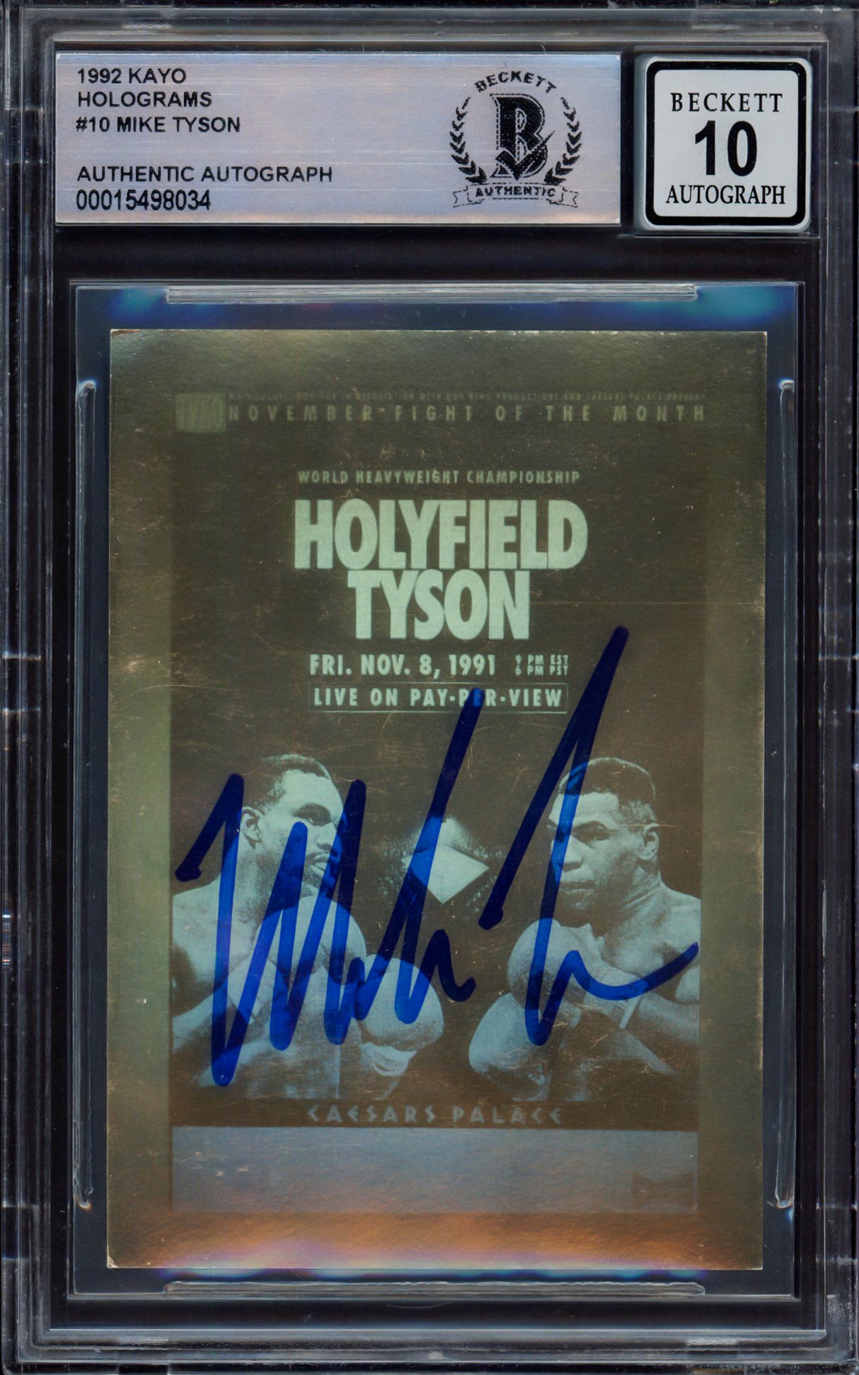 Mike Tyson Autographed 1991 Kayo Gold Hologram Holyfield Tyson Card #10 Auto Grade Gem Mint 10 Beckett BAS #15498034