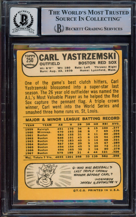 Carl Yastrzemski Autographed 1968 Topps Card #250 Boston Red Sox Auto Grade Gem Mint 10 Beckett BAS #15498301