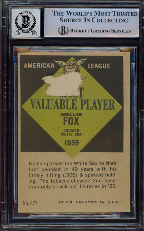 Nellie Fox Autographed 1961 Topps Card #477 Chicago White Sox Auto Grade Mint 9 (Back Damage) Beckett BAS #15498557