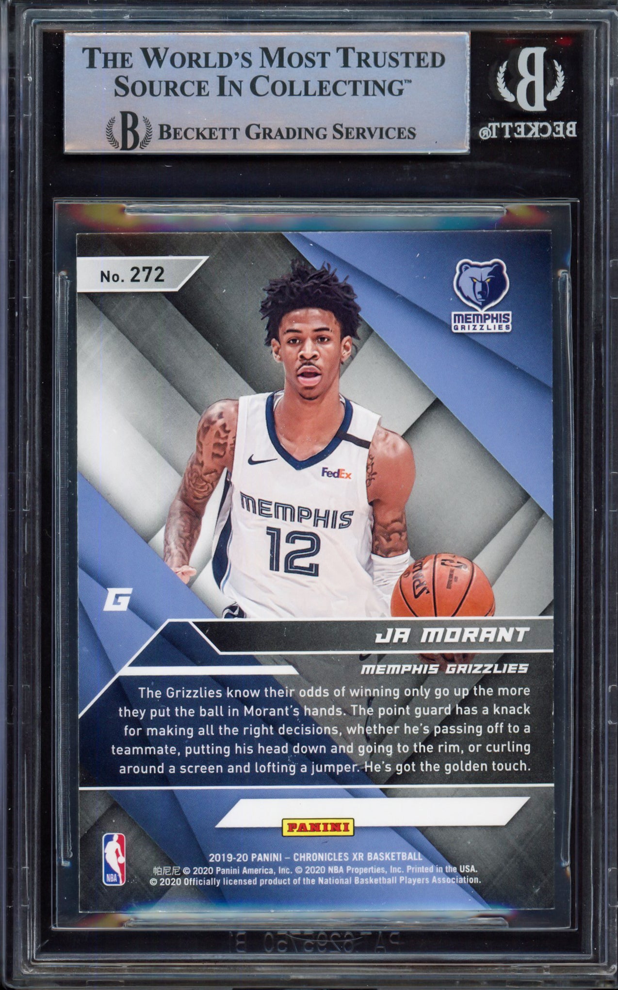 Ja Morant Autographed 2019-20 Panini Chronicles XR Rookie Card #272 Memphis Grizzlies Beckett BAS #15248868