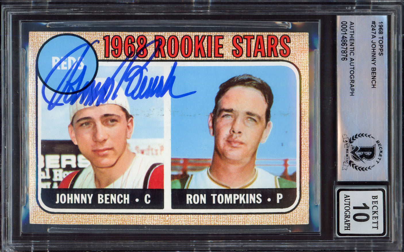 Johnny Bench Autographed 1968 Topps Rookie Card #247A Cincinnati Reds Auto Grade Gem Mint 10 Beckett BAS #14867876