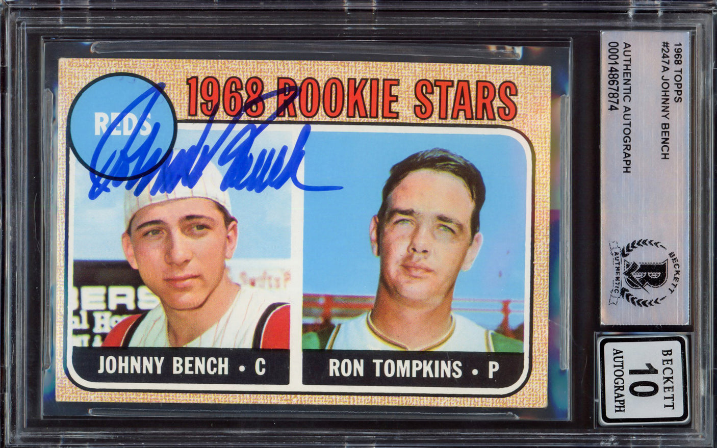 Johnny Bench Autographed 1968 Topps Rookie Card #247A Cincinnati Reds Auto Grade Gem Mint 10 Beckett BAS #14867874