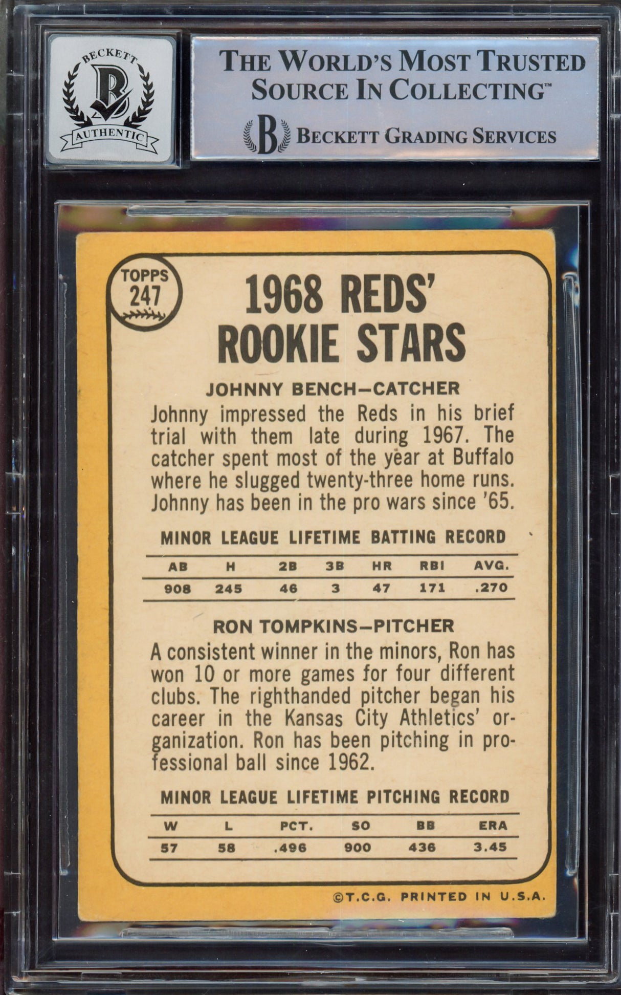 Johnny Bench Autographed 1968 Topps Rookie Card #247A Cincinnati Reds Auto Grade Gem Mint 10 Beckett BAS #14867887