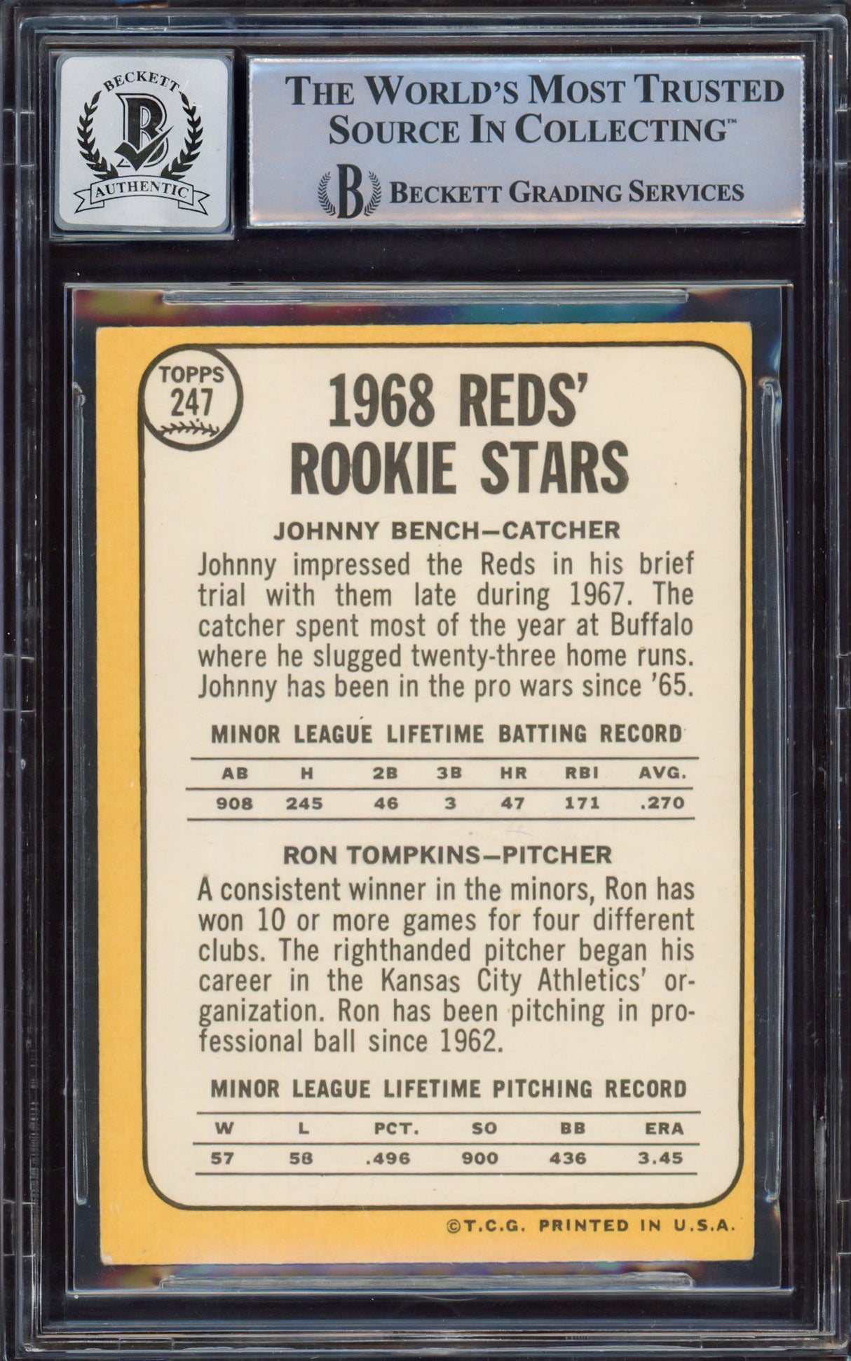 Johnny Bench Autographed 1968 Topps Rookie Card #247A Cincinnati Reds Auto Grade Gem Mint 10 Beckett BAS #14867886