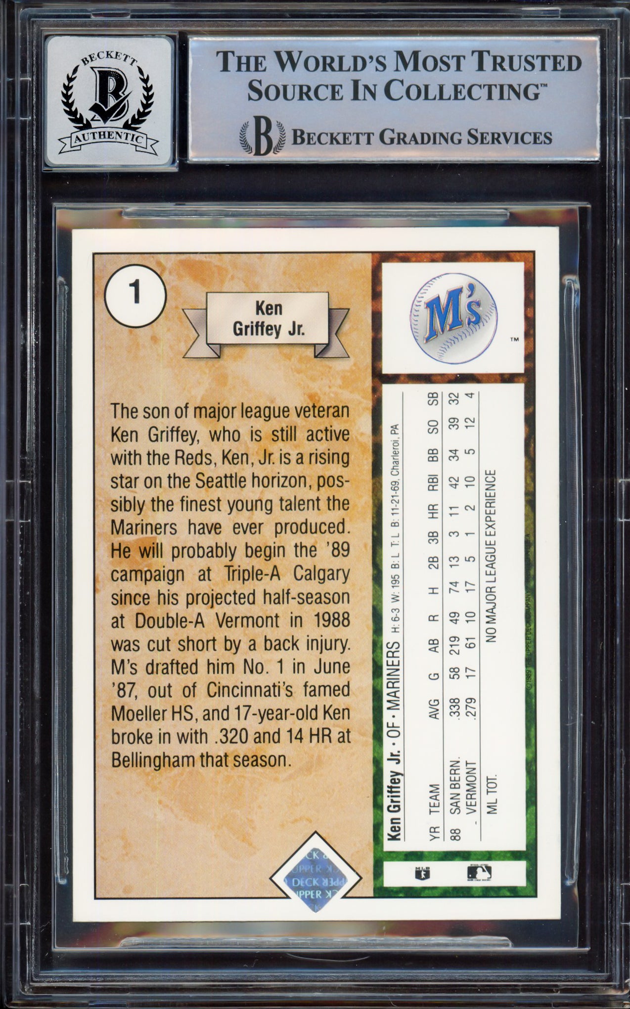 Ken Griffey Jr. Autographed 1989 Upper Deck Rookie Card #1 Auto Grade Gem Mint 10 Beckett BAS Stock #221635