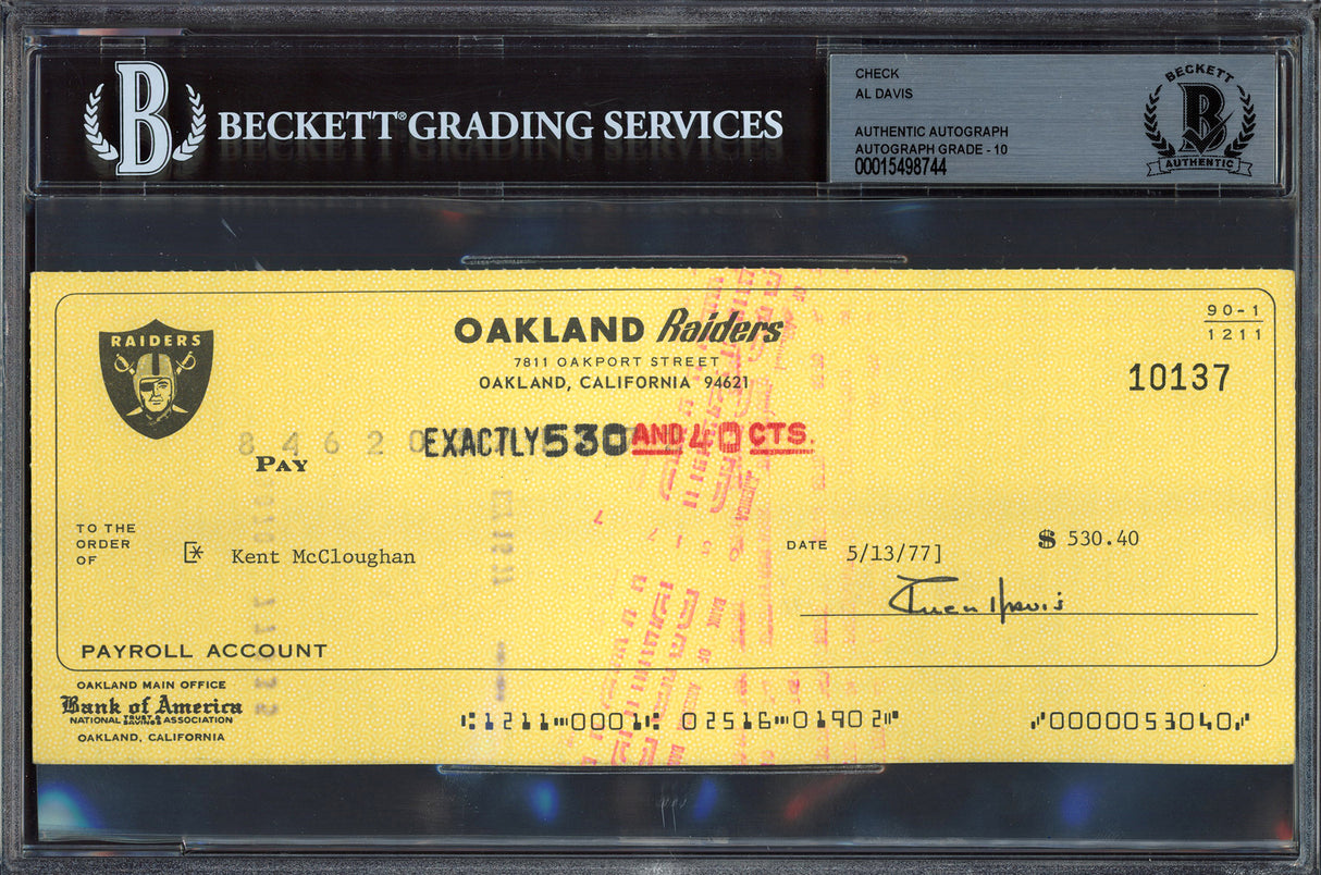 Al Davis Autographed Check Oakland Raiders Owner Auto Grade Gem Mint 10 Beckett BAS #15498744