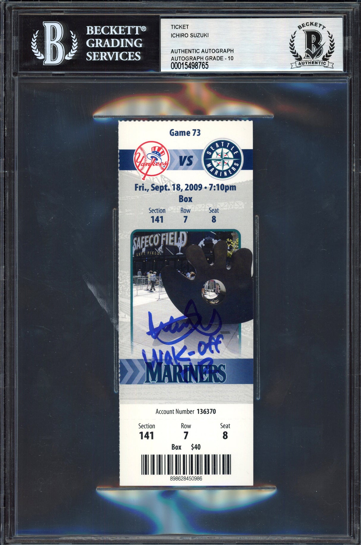 Ichiro Suzuki Autographed September 18th, 2009 Ticket Seattle Mariners Auto Grade Gem Mint 10 "Walk-Off HR" Against Mariano Rivera Beckett BAS #15498765