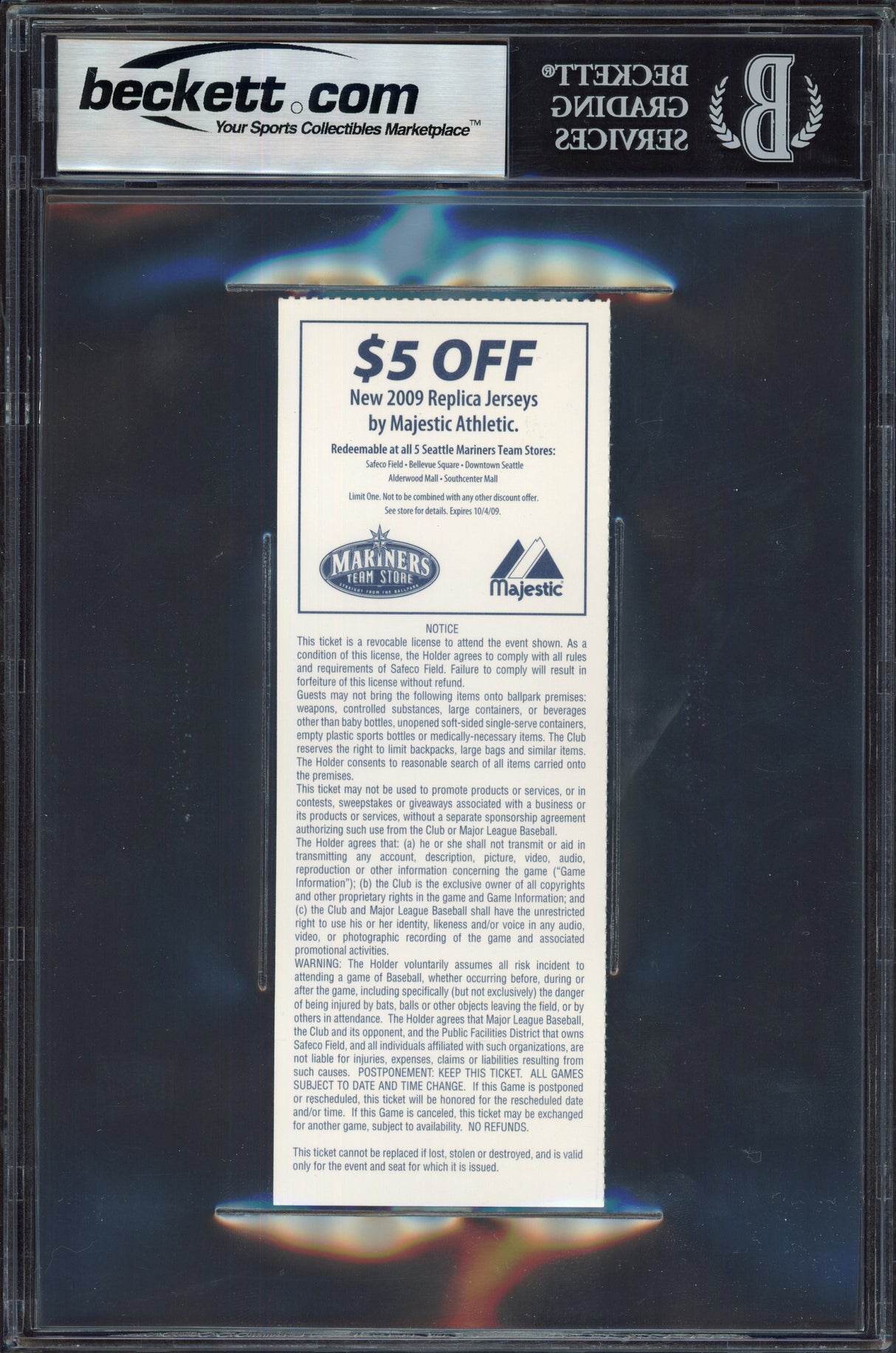 Ichiro Suzuki Autographed September 18th, 2009 Ticket Seattle Mariners Auto Grade Gem Mint 10 "Walk-Off HR" Against Mariano Rivera Beckett BAS #15498765