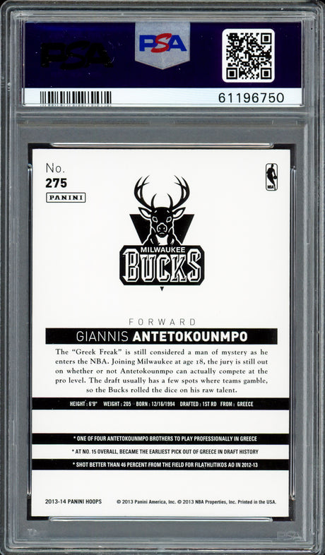Giannis Antetokounmpo Autographed 2013 Panini Hoops Rookie Card #275 Milwaukee Bucks PSA 8 PSA/DNA #61196750