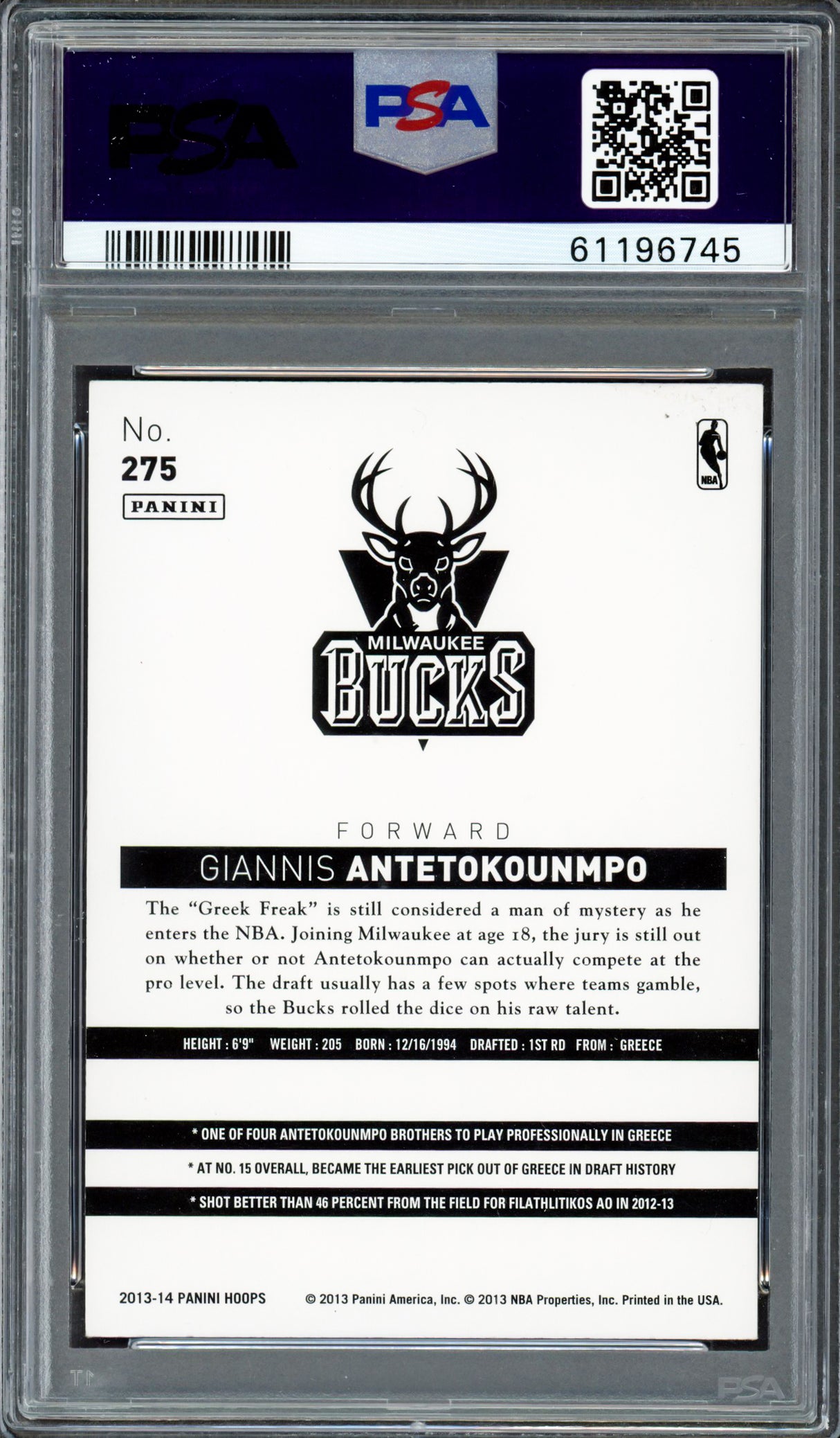 Giannis Antetokounmpo Autographed 2013 Panini Hoops Rookie Card #275 Milwaukee Bucks PSA 8 PSA/DNA #61196745