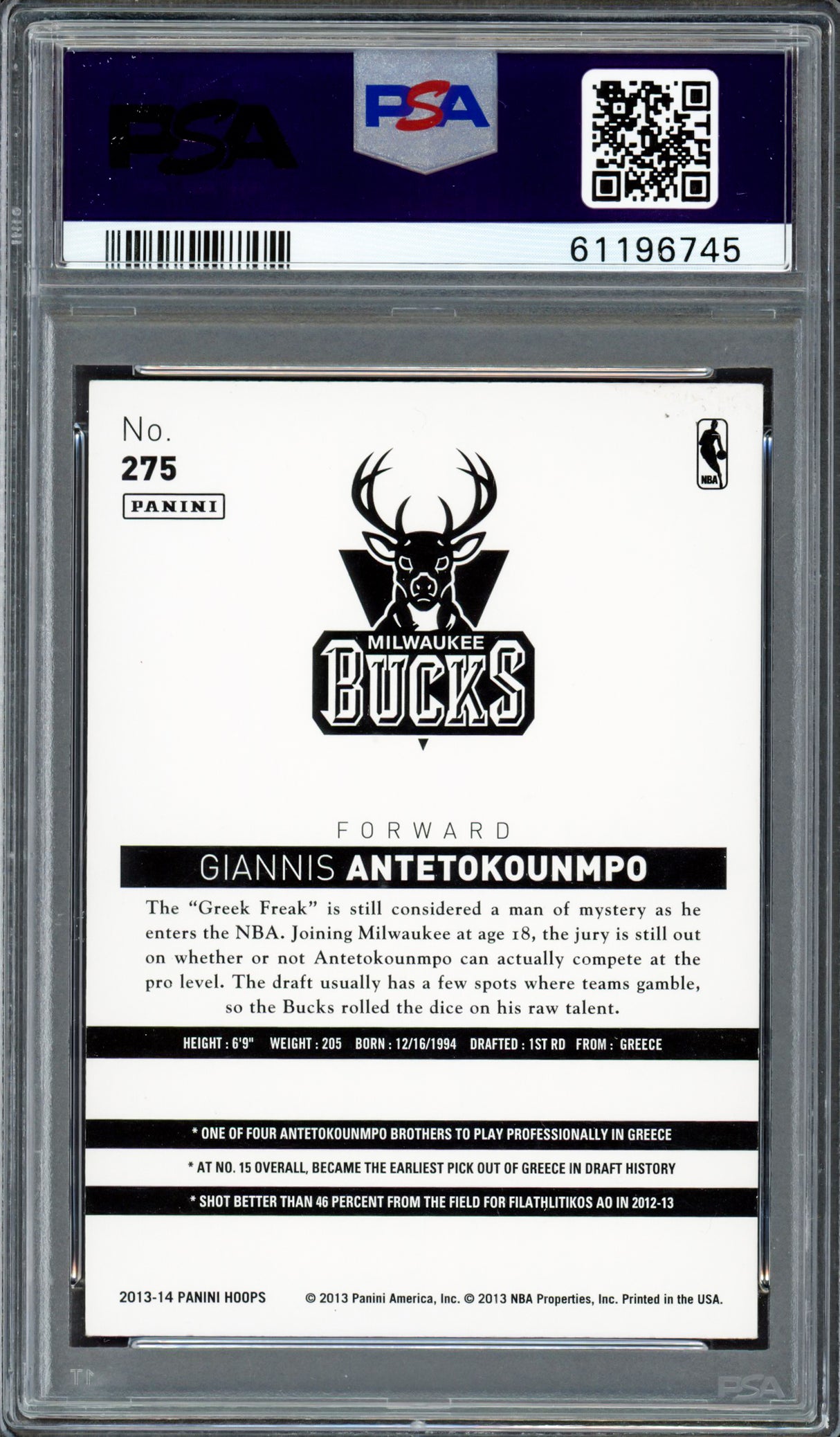 Giannis Antetokounmpo Autographed 2013 Panini Hoops Rookie Card #275 Milwaukee Bucks PSA 8 PSA/DNA #61196745