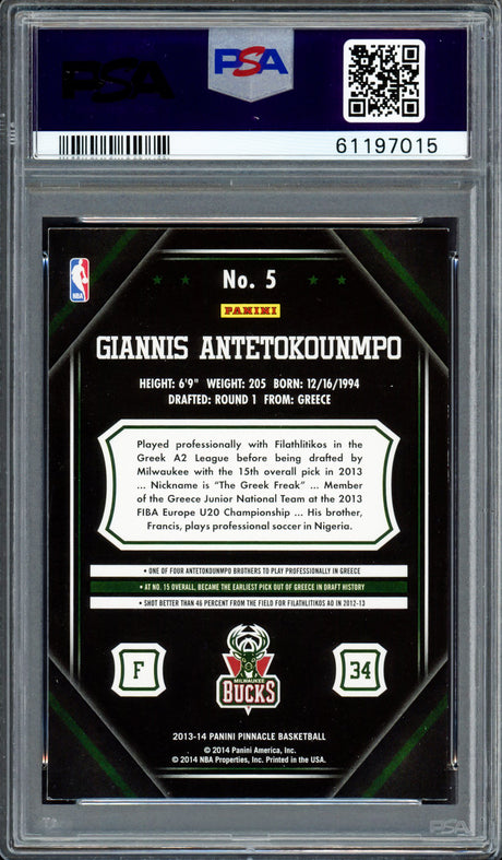 Giannis Antetokounmpo Autographed 2013 Panini Pinnacle Rookie Card #5 Milwaukee Bucks Auto Grade Gem Mint 10 PSA/DNA #61197015