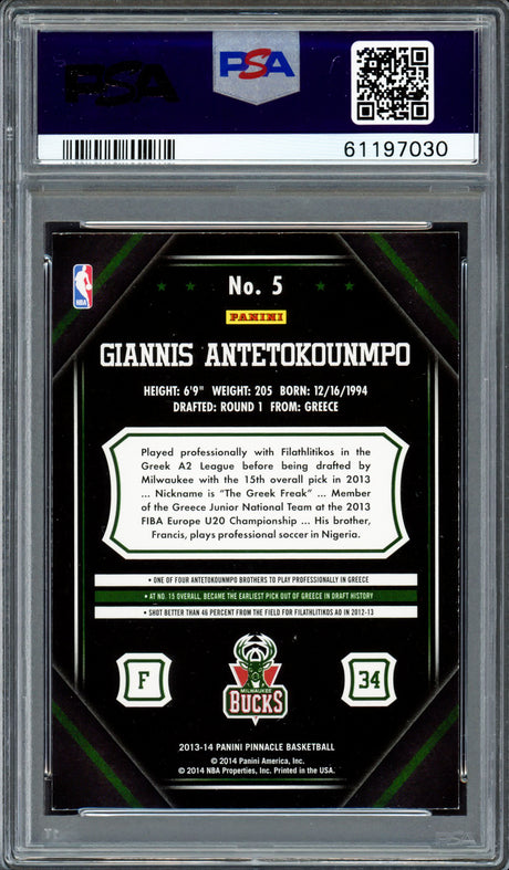 Giannis Antetokounmpo Autographed 2013 Panini Pinnacle Rookie Card #5 Milwaukee Bucks Auto Grade Gem Mint 10 PSA/DNA #61197030
