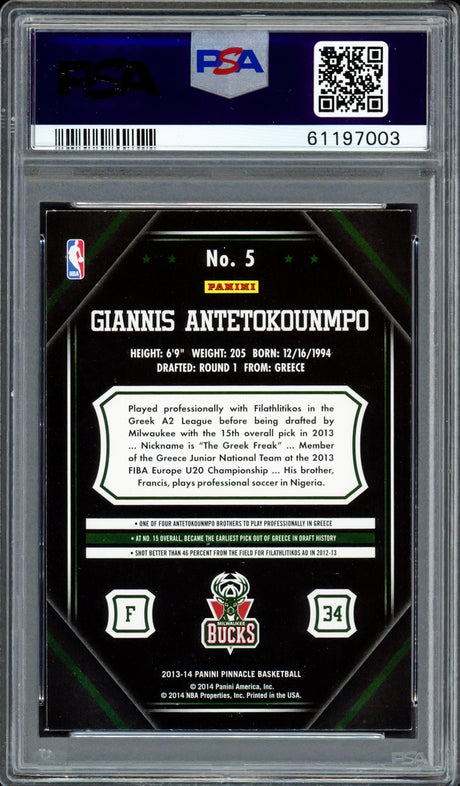 Giannis Antetokounmpo Autographed 2013 Panini Pinnacle Rookie Card #5 Milwaukee Bucks Auto Grade Mint 9 PSA/DNA #61197003