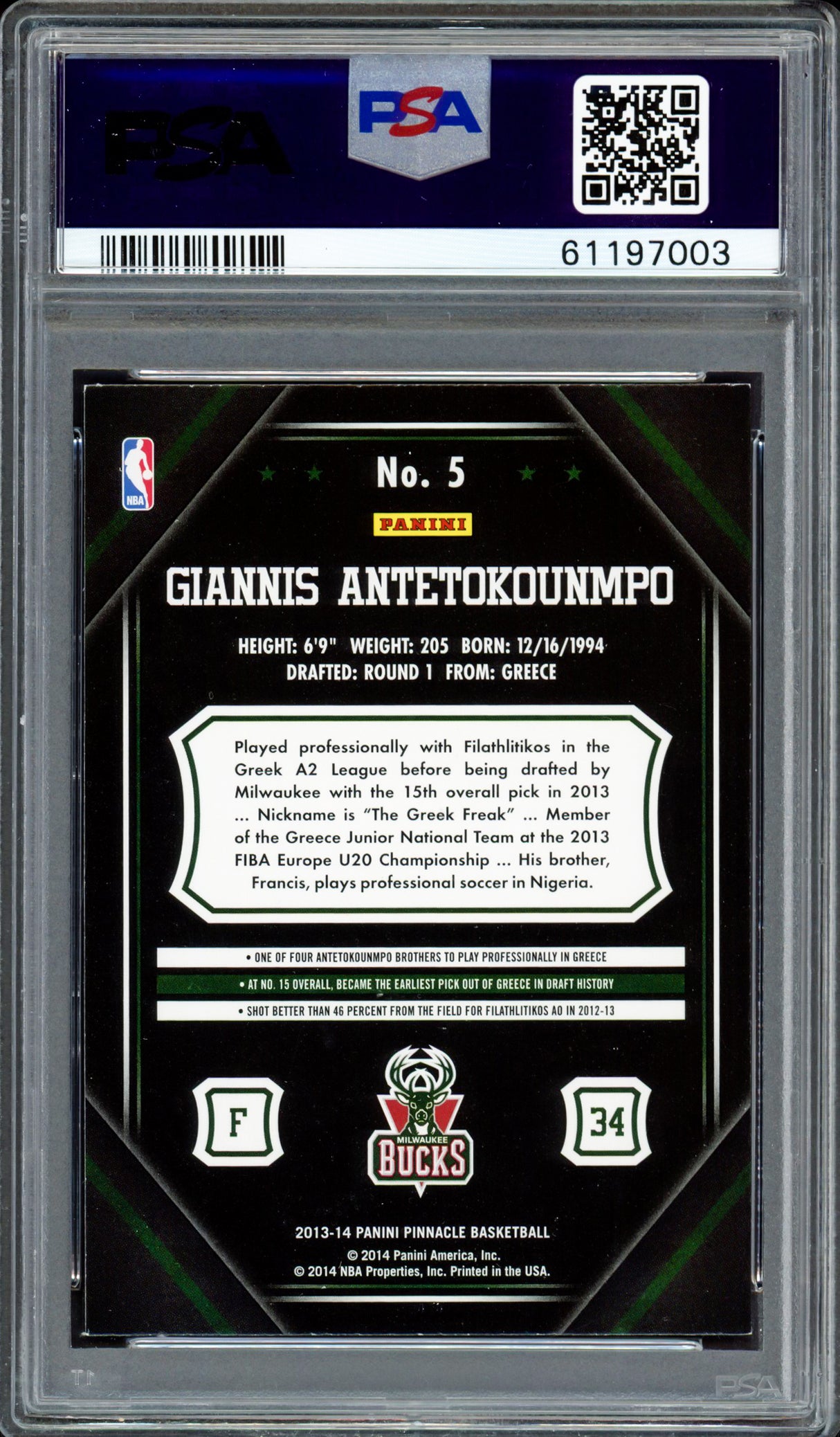 Giannis Antetokounmpo Autographed 2013 Panini Pinnacle Rookie Card #5 Milwaukee Bucks Auto Grade Mint 9 PSA/DNA #61197003