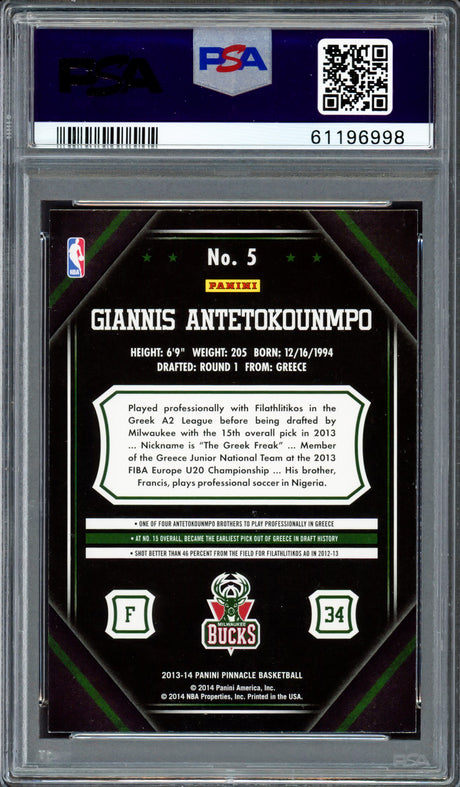 Giannis Antetokounmpo Autographed 2013 Panini Pinnacle Rookie Card #5 Milwaukee Bucks Auto Grade Mint 9 PSA/DNA #61196998