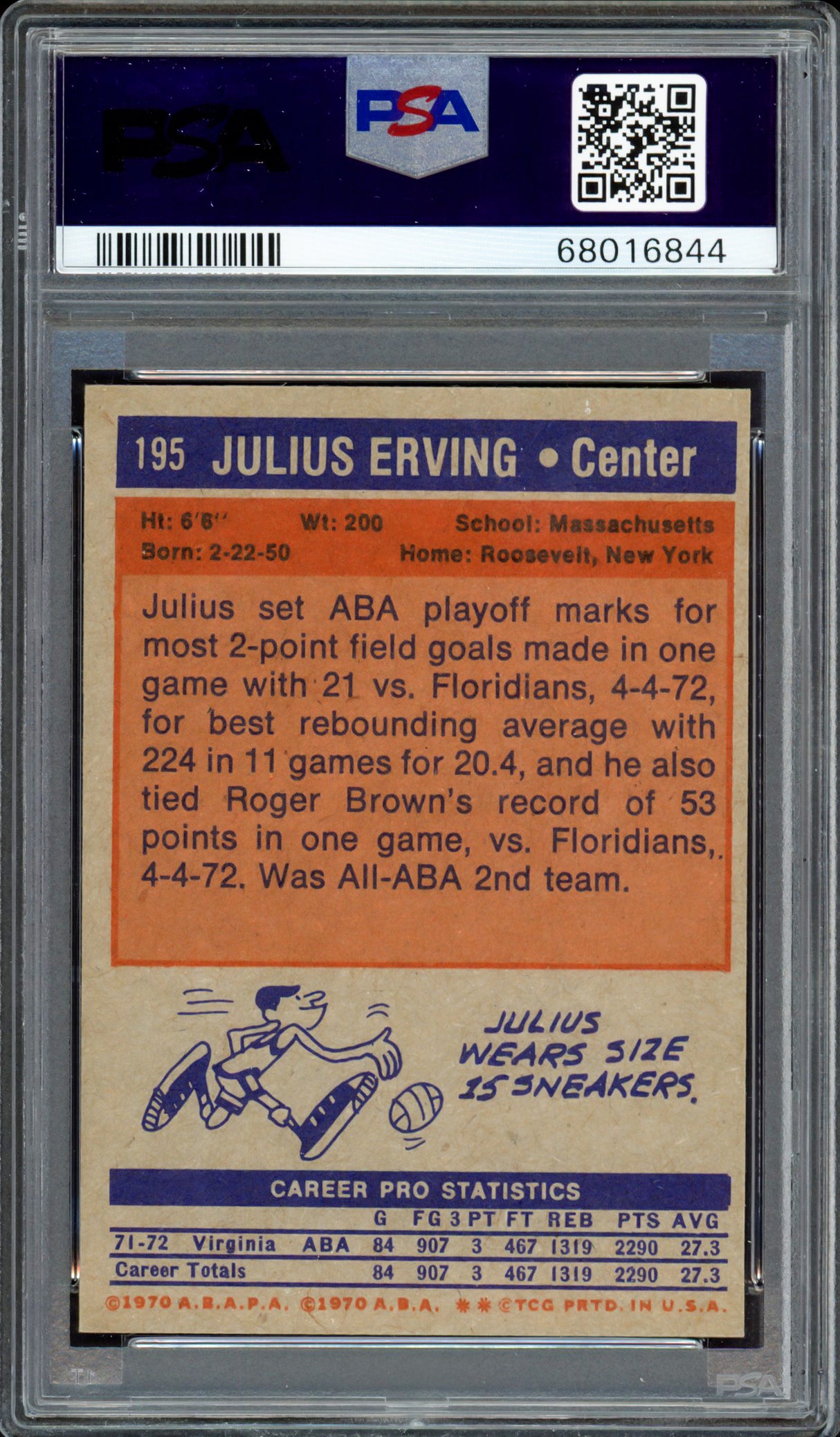 Julius Erving Autographed 1972-73 Topps Rookie Card #195 Virginia Squires PSA 7 Auto Grade Gem Mint 10 PSA/DNA #68016844