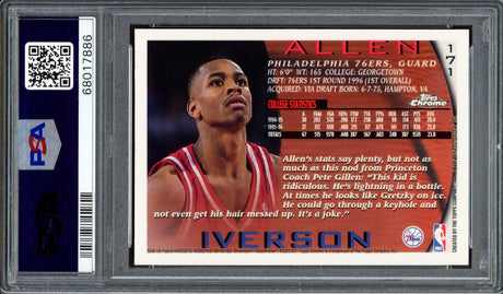 Allen Iverson Autographed 1996-97 Topps Chrome Rookie Card #171 Philadelphia 76ers PSA 9 Auto Grade Gem Mint 10 PSA/DNA #68017886