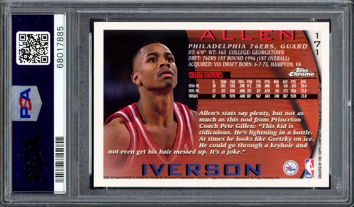 Allen Iverson Autographed 1996-97 Topps Chrome Rookie Card #171 Philadelphia 76ers PSA 9 Auto Grade Gem Mint 10 PSA/DNA #68017885