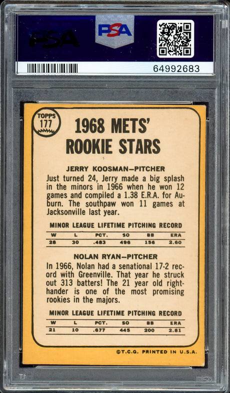 Nolan Ryan Autographed 1968 Topps Rookie Card #177 New York Mets PSA 4 Auto Grade Gem Mint 10 PSA/DNA #64992683