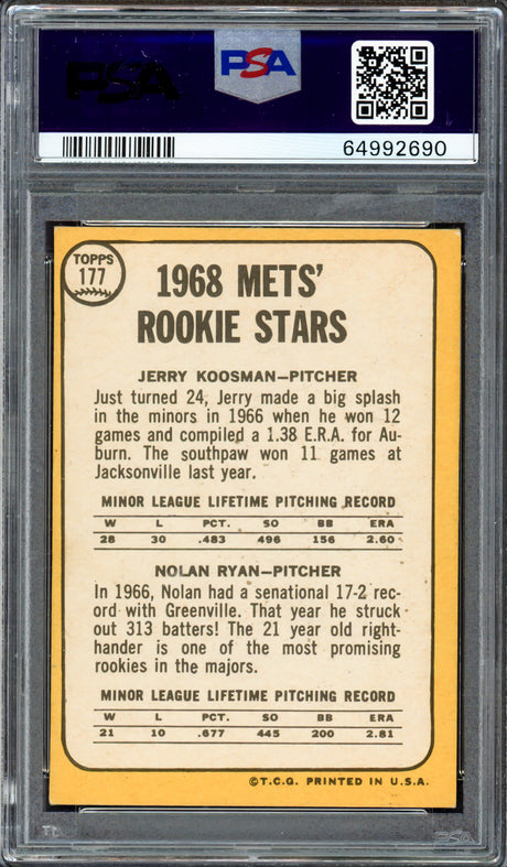 Nolan Ryan Autographed 1968 Topps Rookie Card #177 New York Mets PSA 4 Auto Grade Gem Mint 10 PSA/DNA #64992690