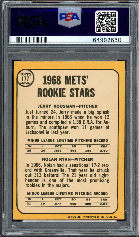 Nolan Ryan Autographed 1968 Topps Rookie Card #177 New York Mets PSA 4 (MC) Auto Grade Gem Mint 10 PSA/DNA #64992650