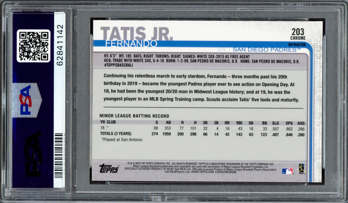 Fernando Tatis Jr. Autographed 2019 Topps Chrome X-Fractor Rookie Card #203 San Diego Padres PSA 10 Auto Grade Gem Mint 10 PSA/DNA #62841142
