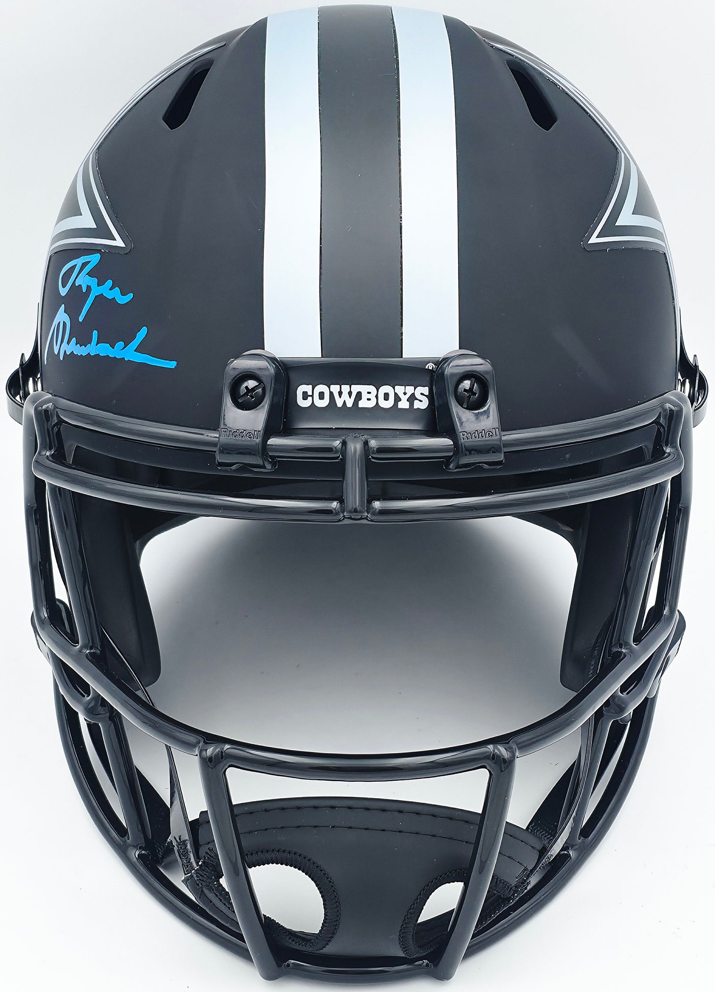 Roger Staubach Autographed Dallas Cowboys Eclipse Black Full Size Speed Replica Helmet Beckett BAS Witness Stock #238801