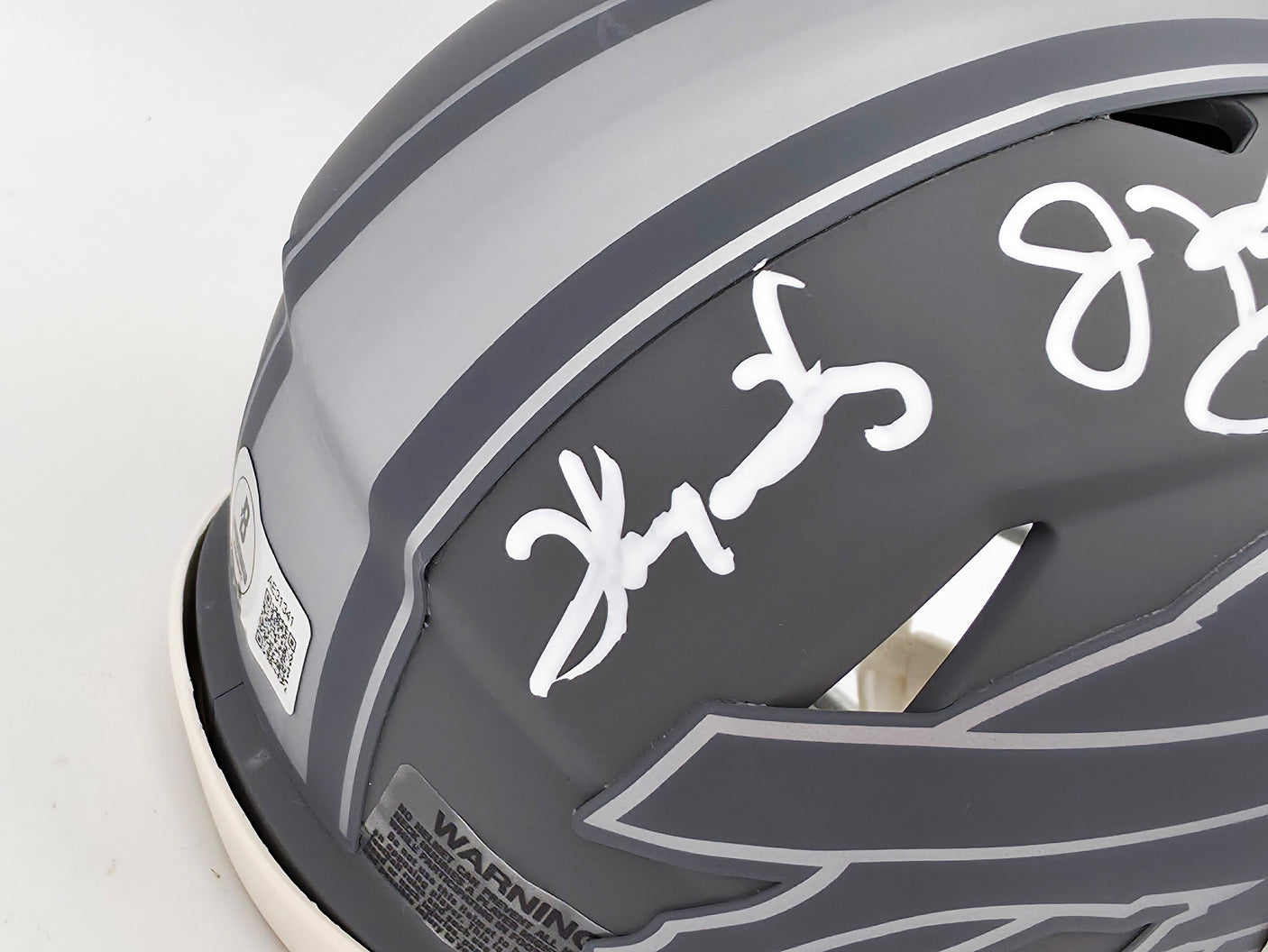 Jim Kelly, Thurman Thomas & Andre Reed Autographed Buffalo Bills Slate Gray Speed Mini Helmet Beckett BAS QR Stock #238933